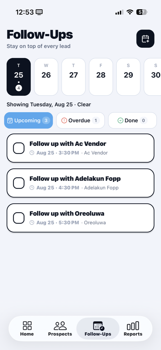 The Prospect Mate follow-ups screen listing today's scheduled follow-ups